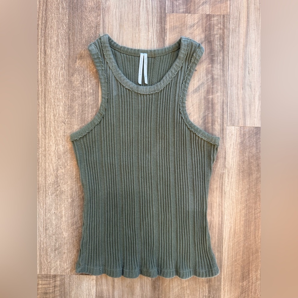 Anthropologie Distressed Army Green Ribbed Stretchy Tank Top, Medium
